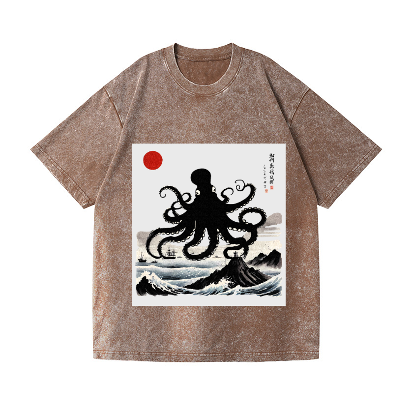 The Giant Octopus in the Sea Vintage Wash Japanese Design T-Shirt