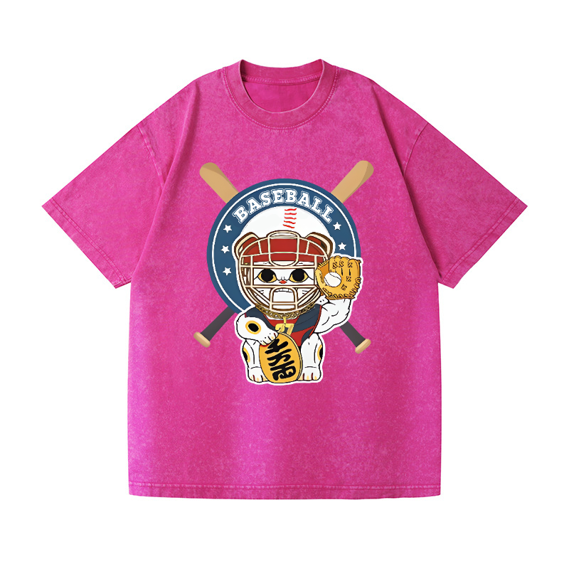 Baseball Maneki Neko Vintage Wash Japanese Design T-Shirt