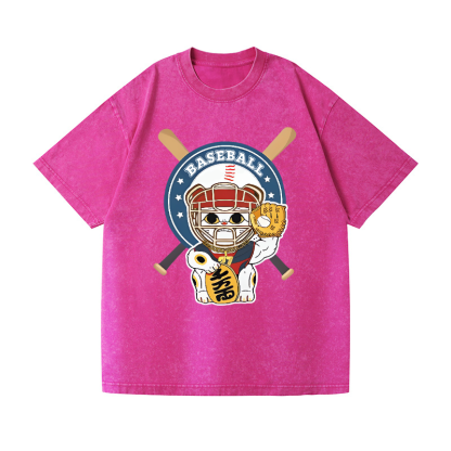 Baseball Maneki Neko Vintage Wash Japanese Design T-Shirt