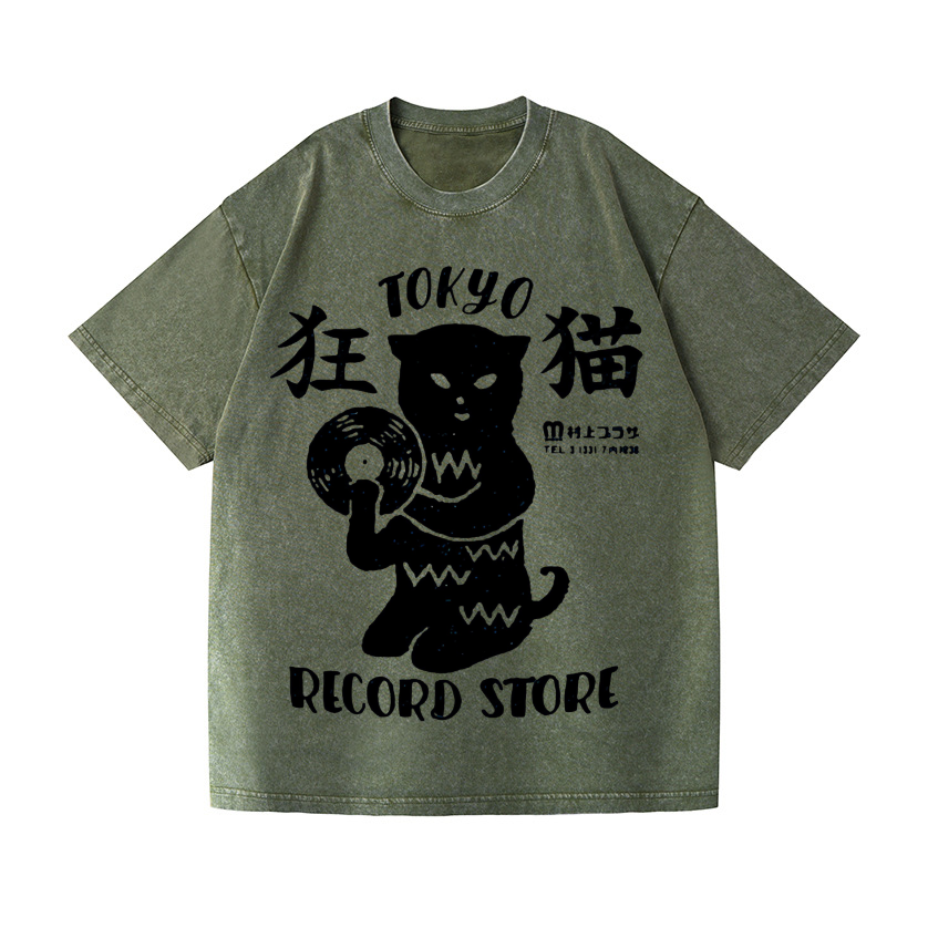 Tokyo Cat Record Store Vintage Wash Japanese Design T-Shirt
