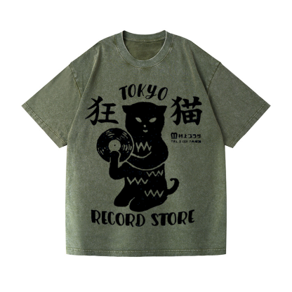 Tokyo Cat Record Store Vintage Wash Japanese Design T-Shirt