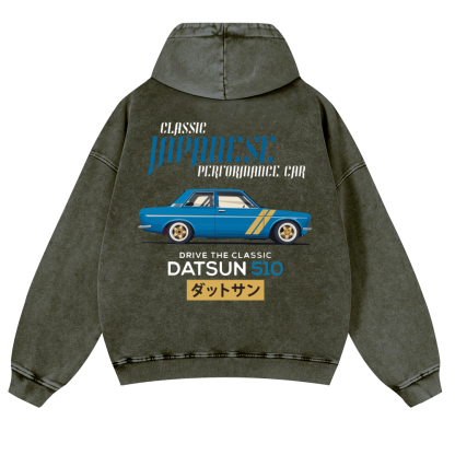 Datsun Car Vintage Washed Cotton Back Art Hoodie
