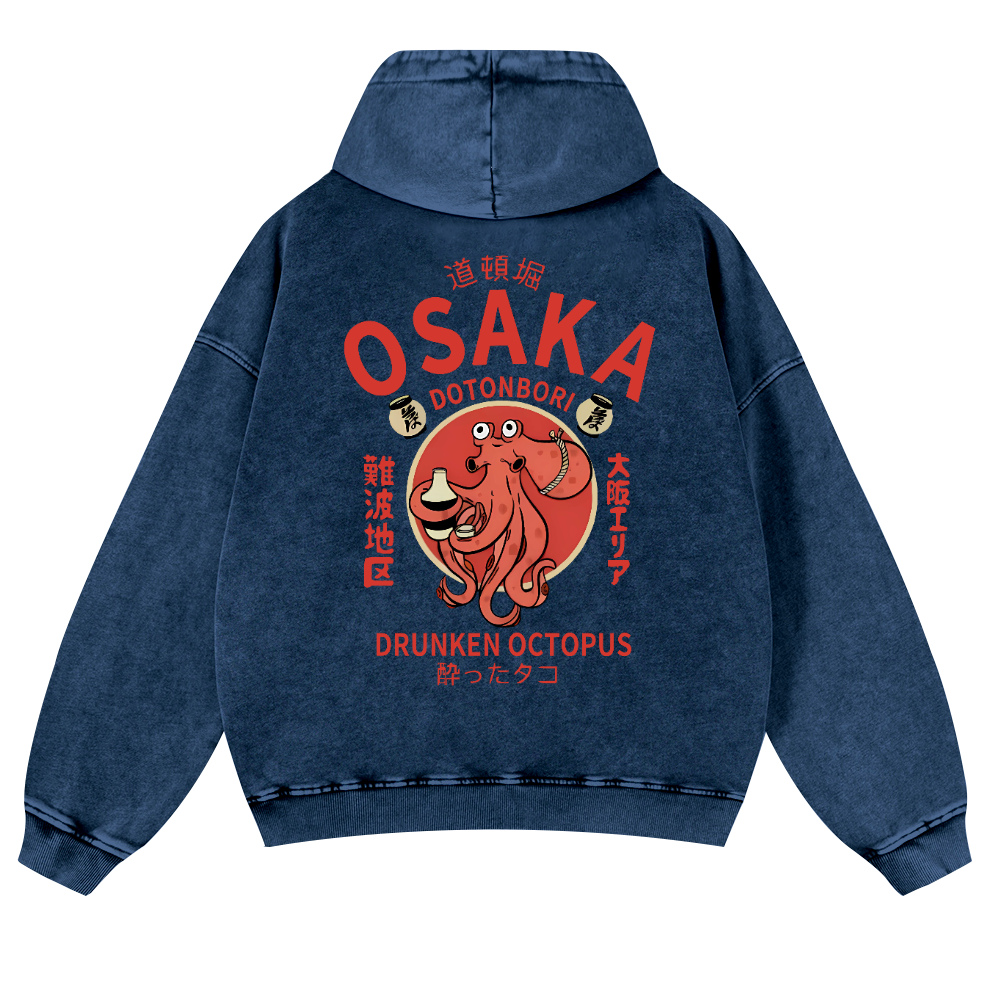 Osaka Dotonbori Drunken Octopus Vintage Washed Cotton Back Art Hoodie