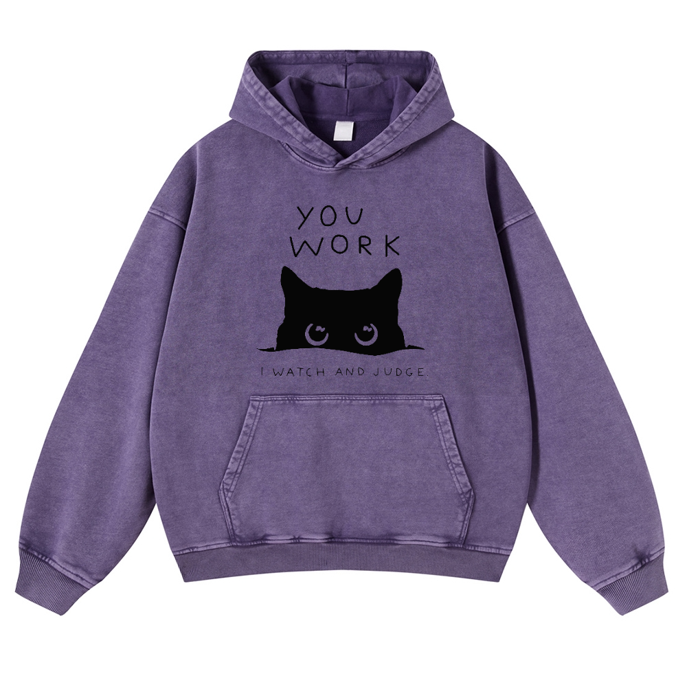 Cat Watching Your Work Vintage Washed Thick Cotton Hoodie