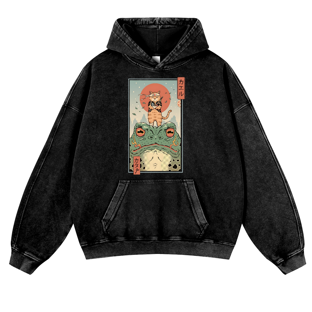 Ninja Cat and Frog Vintage Washed Thick Cotton Hoodie