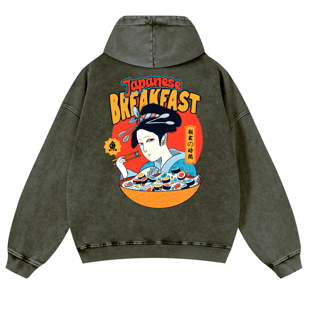 Geisha Fish Sushi Vintage Washed Cotton Back Art Hoodie