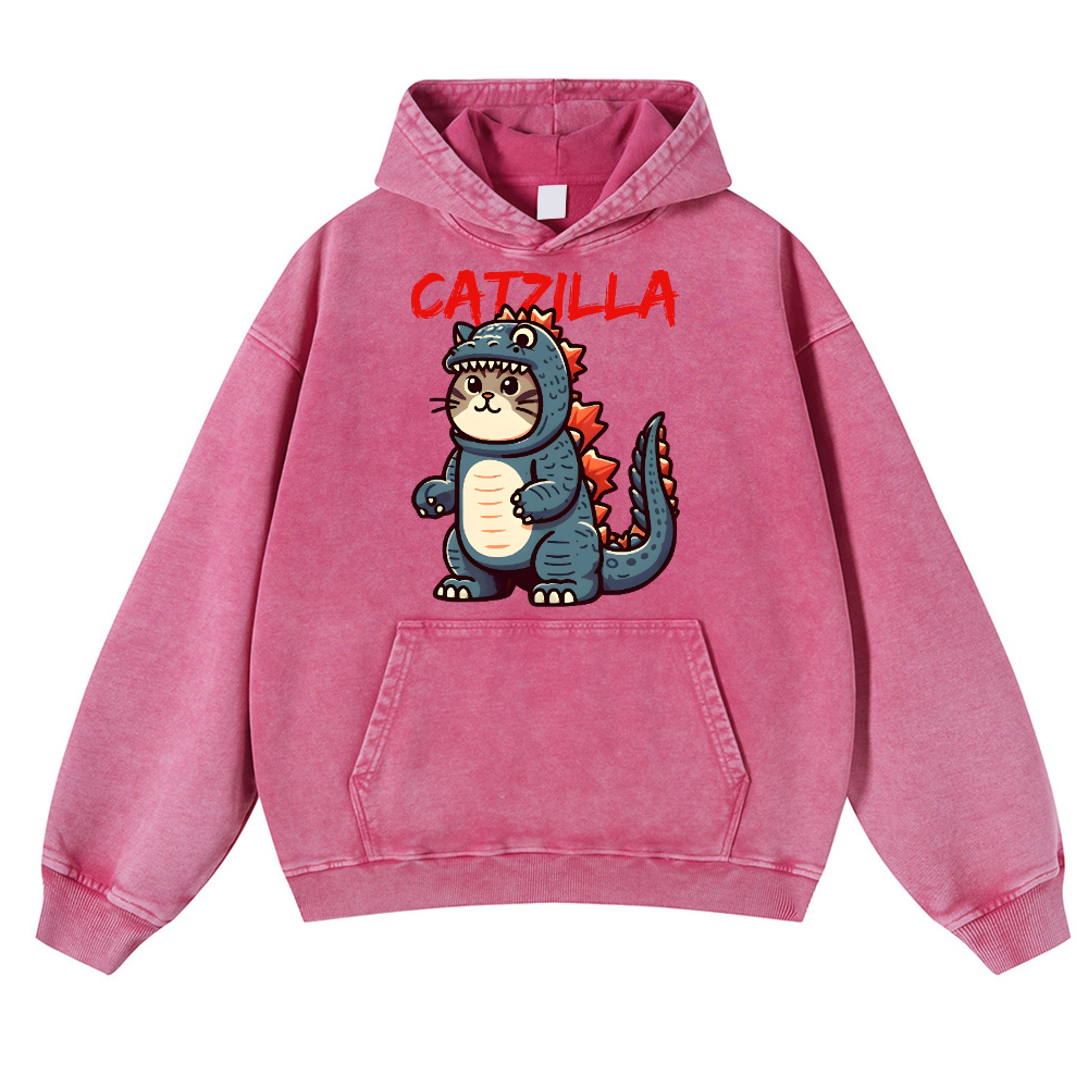 Catzilla Cat Godzilla Vintage Washed Thick Cotton Hoodie