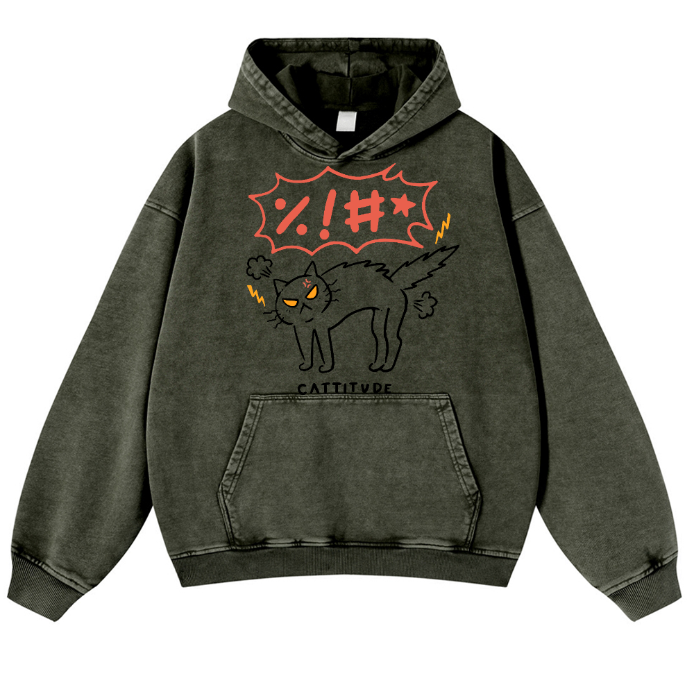Cat Cattitude Vintage Washed Thick Cotton Hoodie