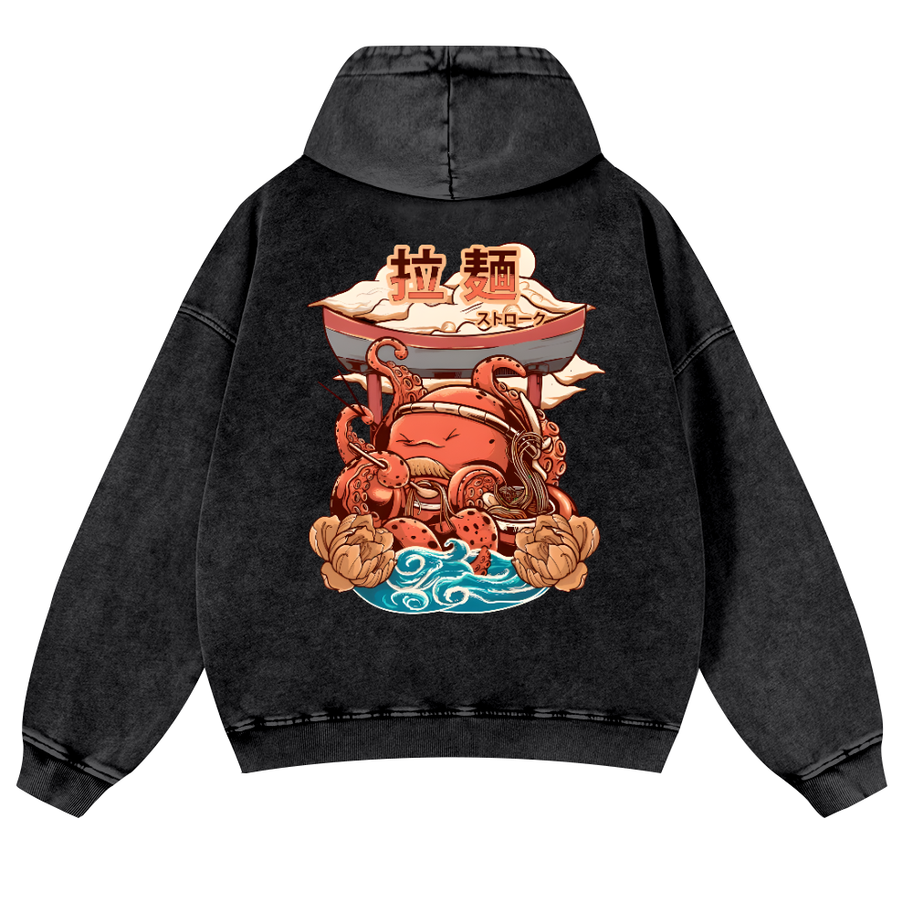 Ramen Octopus Vintage Washed Cotton Back Art Hoodie