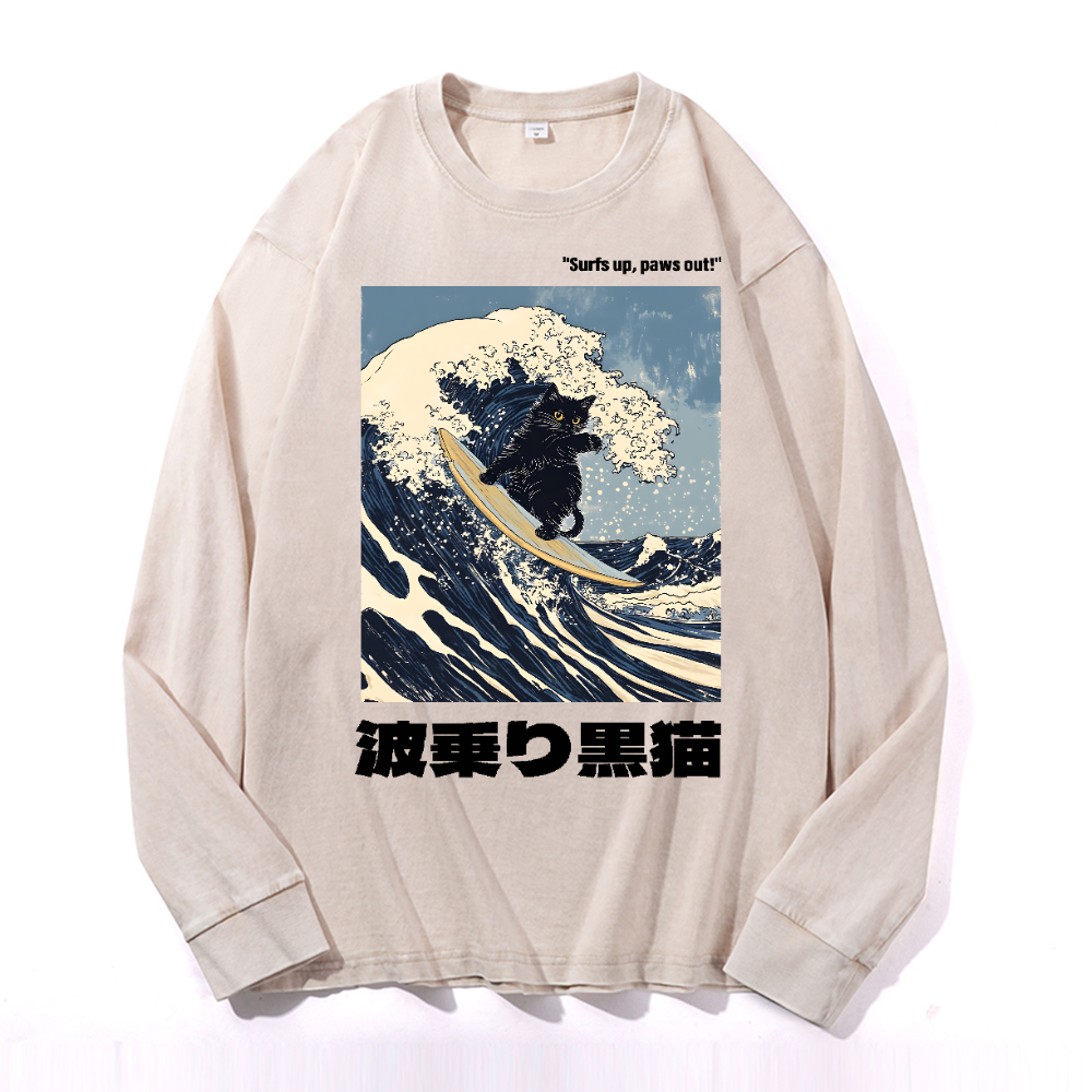 Black Cat Great Wave Vintage Cotton Wash Long-sleeve T-shirt