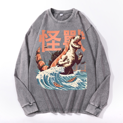 Godzilla Sushi Monster Wave Vintage Cotton Wash Crewneck Sweatshirt