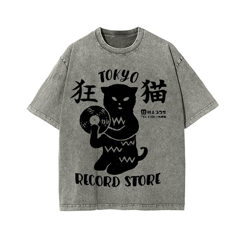 Tokyo Cat Record Store Vintage Wash Japanese Design T-Shirt