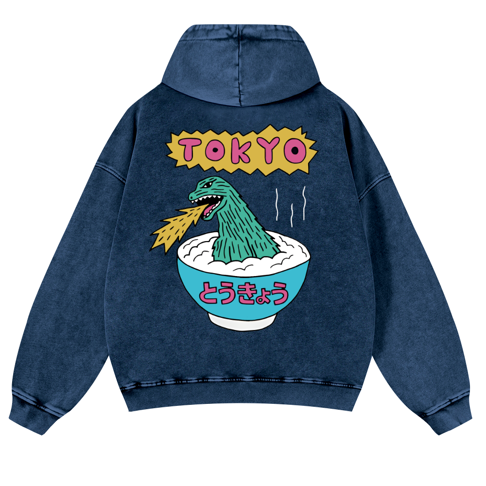 Godzilla The Monster Rice of Tokyo Vintage Washed Cotton Back Art Hoodie