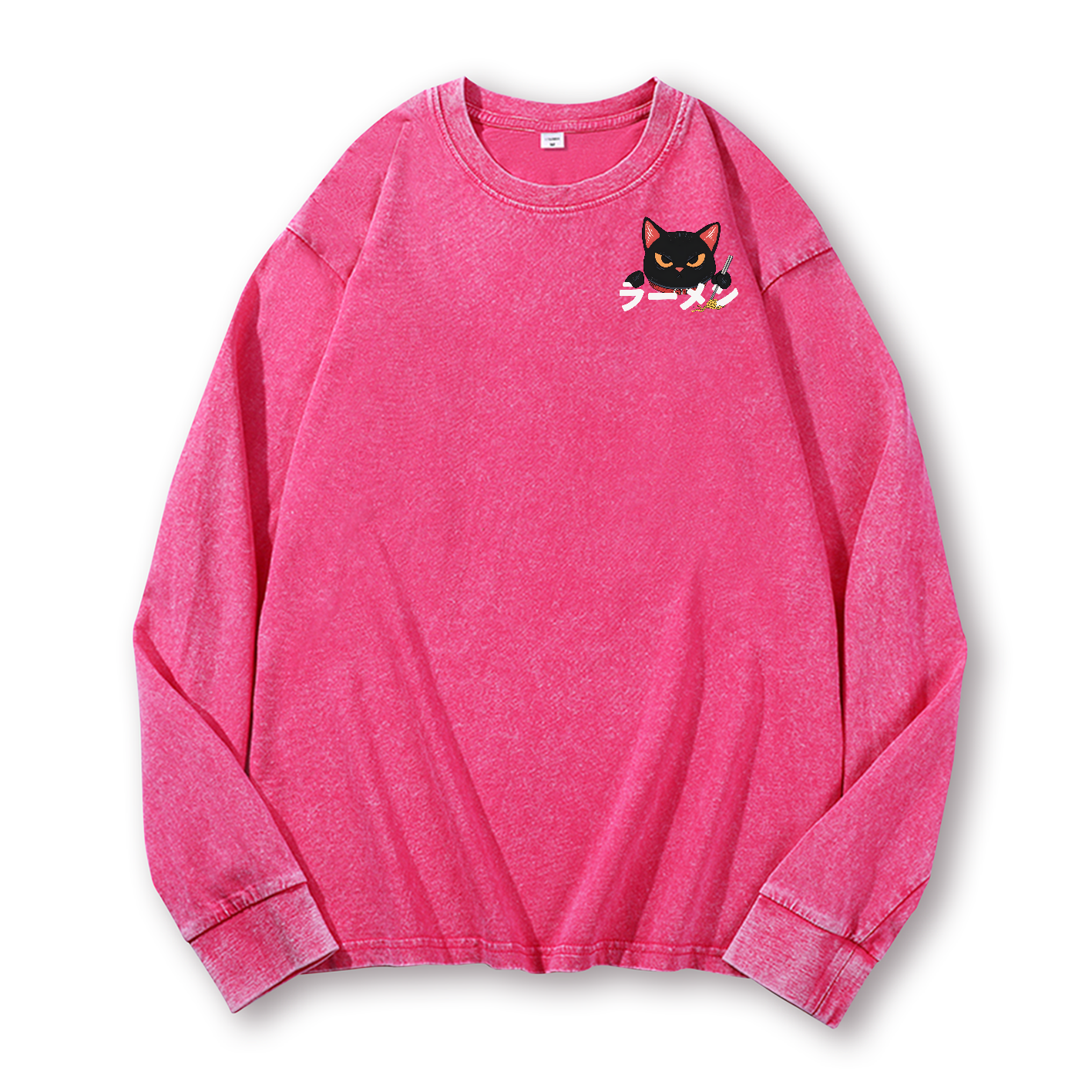 Ramen Black Cat Vintage Washed Cotton Back Art Long-sleeve T-shirt