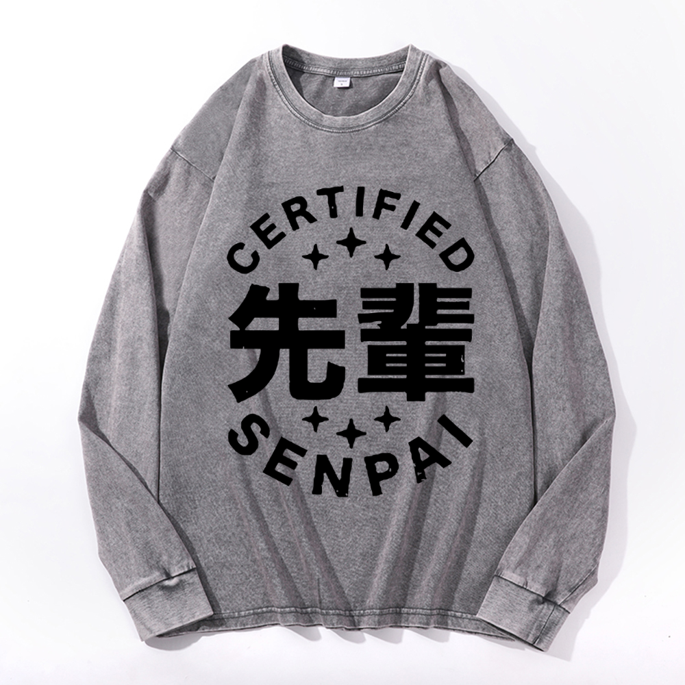Senpai Vintage Cotton Wash Crewneck Long-Sleeve T-Shirt
