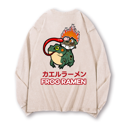 Frog Ramen Vintage Washed Cotton Back Art Long-sleeve T-shirt