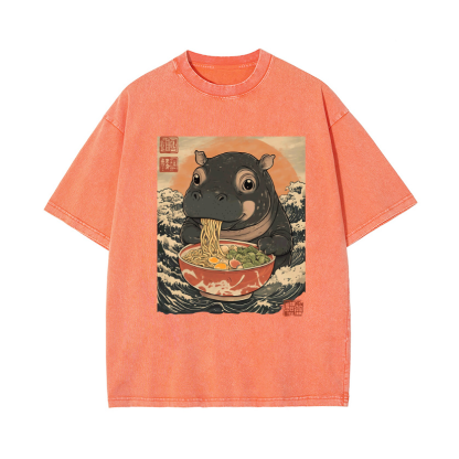 Ramen Hippo Ukiyoe Wave Vintage Wash Japanese Design T-Shirt