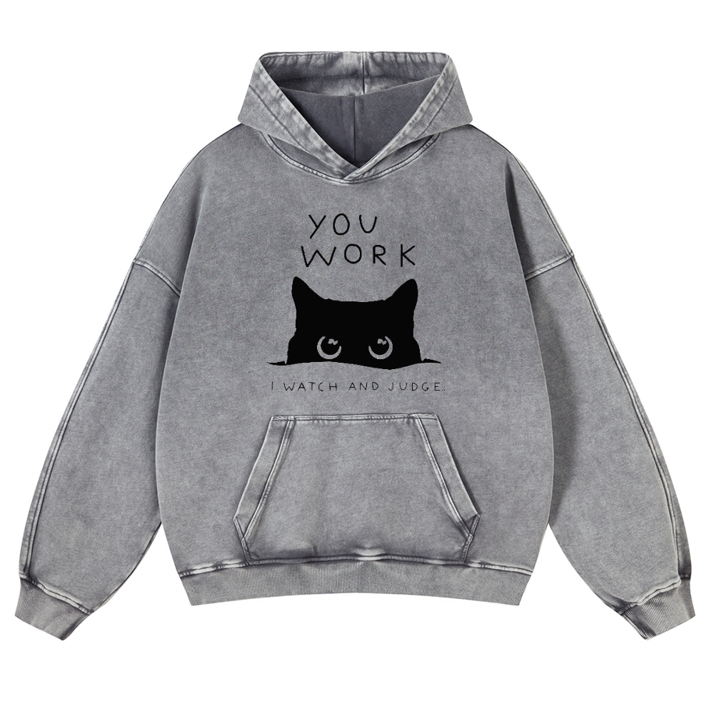 Cat Watching Your Work Vintage Washed Thick Cotton Hoodie