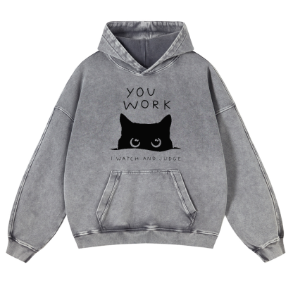 Cat Watching Your Work Vintage Washed Thick Cotton Hoodie