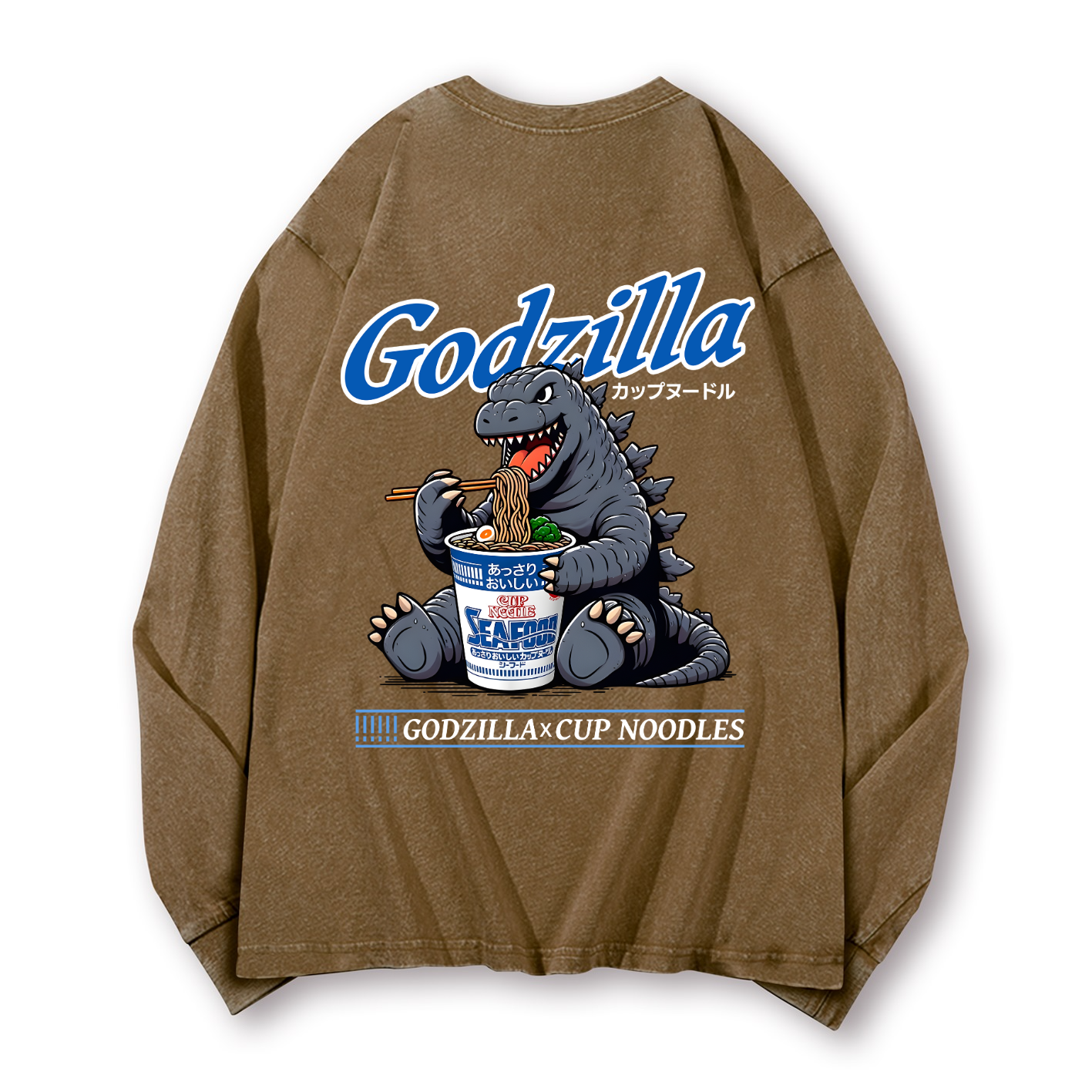 Cup Noodles Godzilla Vintage Washed Cotton Back Art Long-sleeve T-shirt