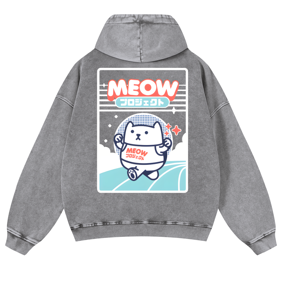 Meow Cat Vintage Washed Cotton Back Art Hoodie
