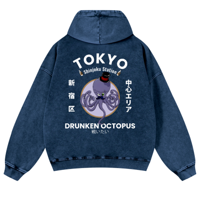 Tokyo Drunken Octopus Vintage Washed Cotton Back Art Hoodie