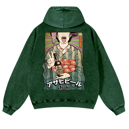 Asahi Beer Geisha Vintage Washed Cotton Back Art Hoodie