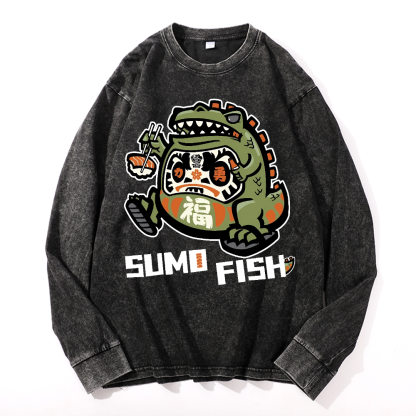 Sumo Fish Daruma Sushi Vintage Cotton Wash Crewneck Sweatshirt