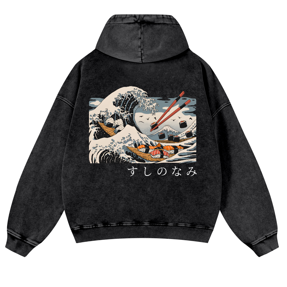 Sushi Kanagawa Wave Ukiyoe Vintage Washed Cotton Back Art Hoodie