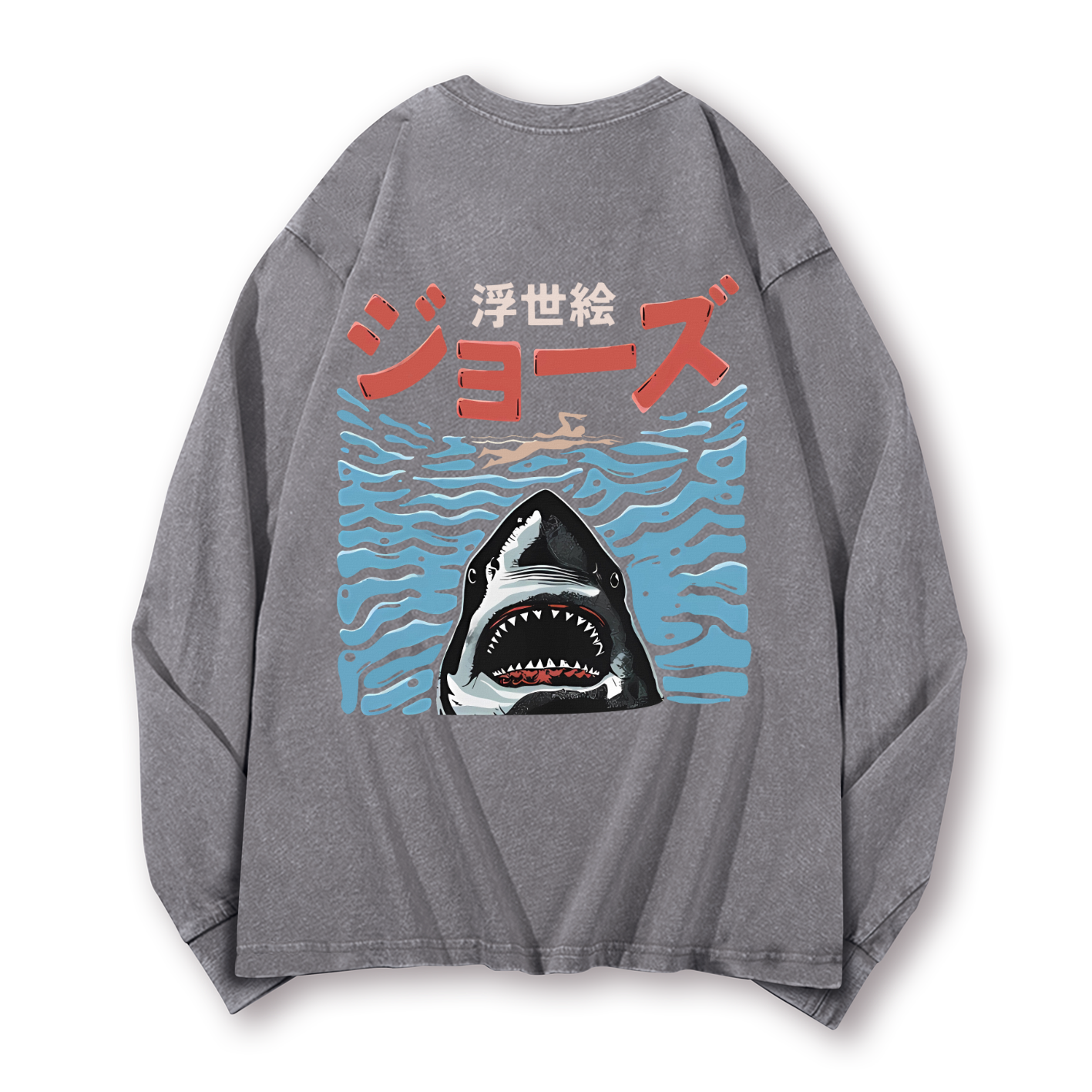 Ukiyoe Jaws Shark Vintage Washed Cotton Back Art Long-sleeve T-shirt