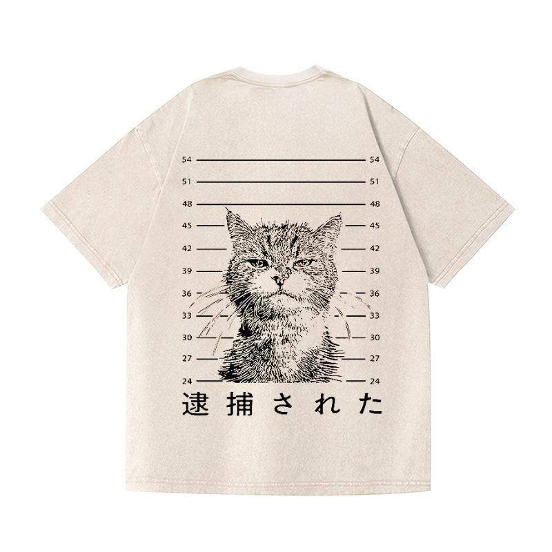 Cat Vintage Wash Japanese Design Back Art T-Shirt