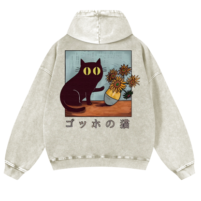 Cat Vintage Washed Cotton Back Art Hoodie