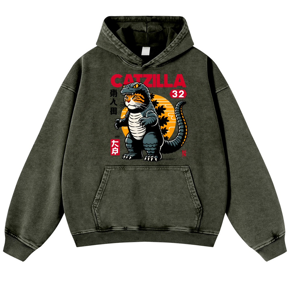 Catzilla Cat Godzilla Vintage Washed Thick Cotton Hoodie