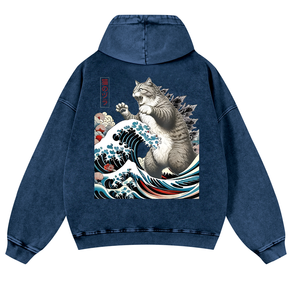 Cat Godzilla Ukiyoe Great Wave Vintage Washed Cotton Back Art Hoodie