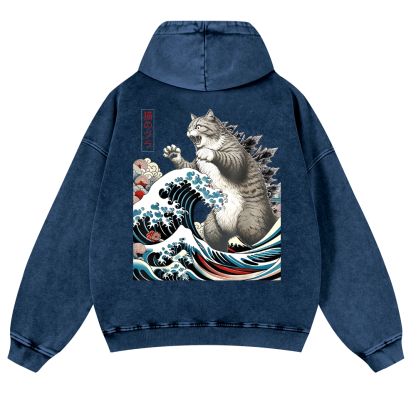 Cat Godzilla Ukiyoe Great Wave Vintage Washed Cotton Back Art Hoodie
