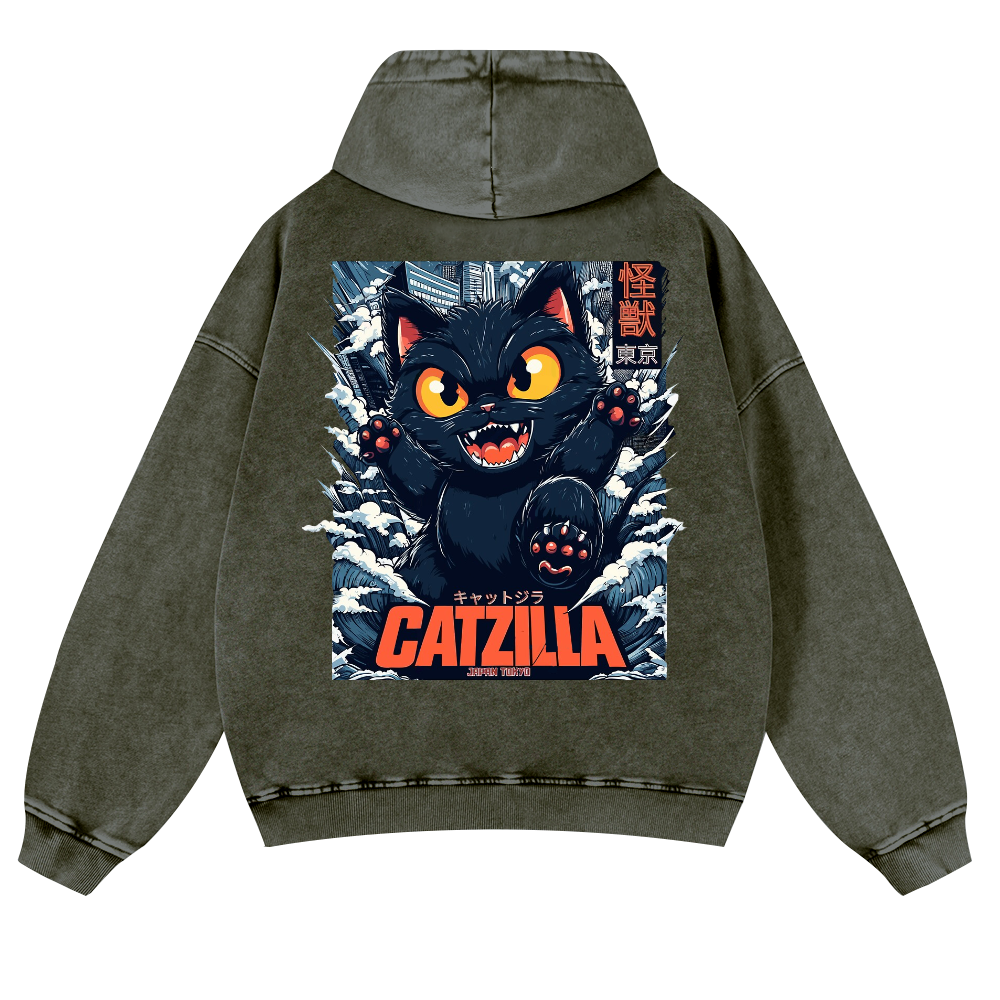 Catzilla Cat Godzilla Vintage Washed Cotton Back Art Hoodie