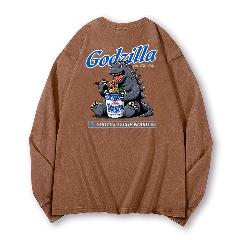Cup Noodles Godzilla Vintage Washed Cotton Back Art Long-sleeve T-shirt