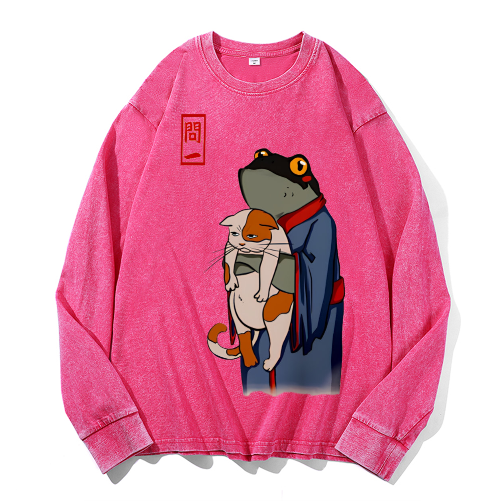 Frog Cat Vintage Cotton Wash Crewneck Sweatshirt