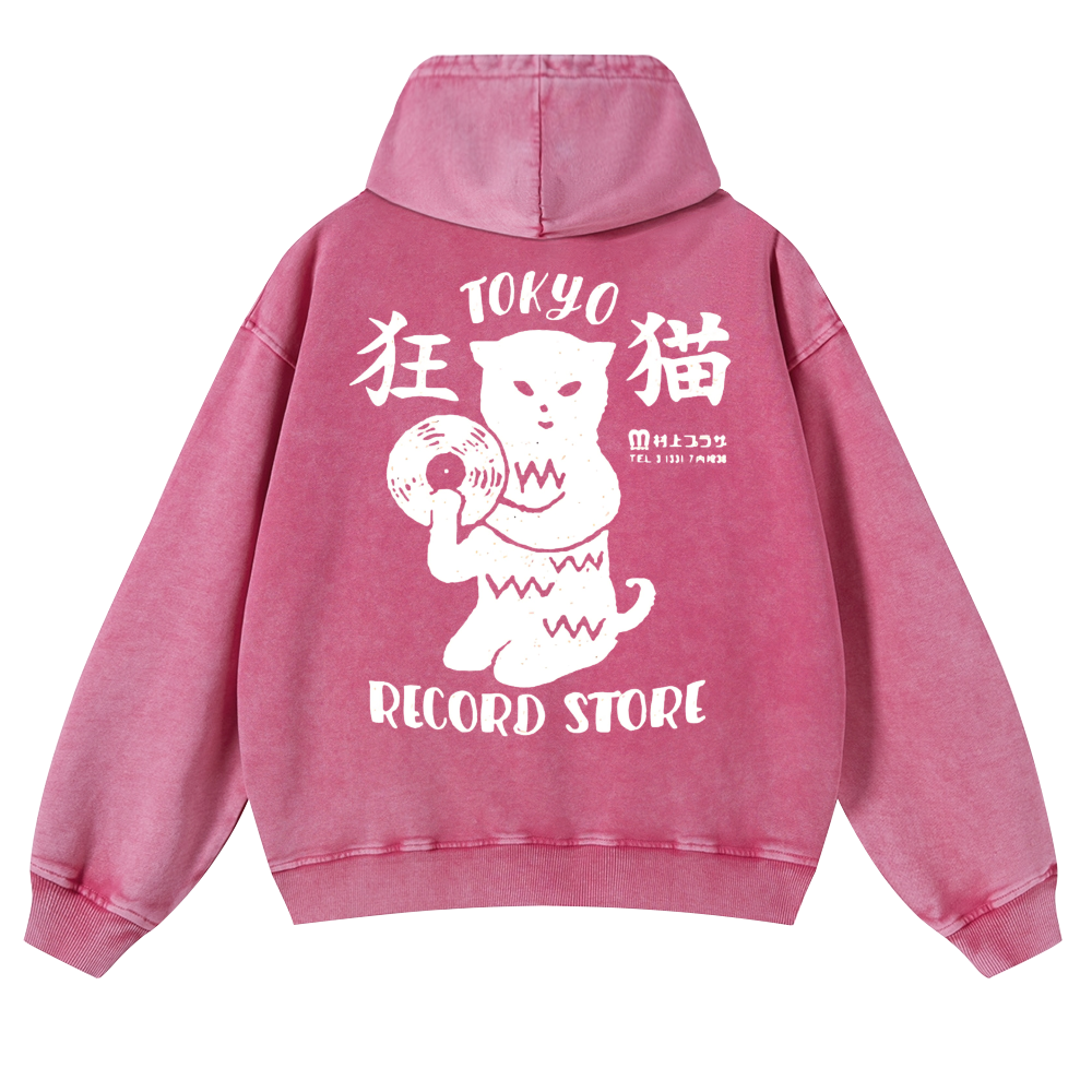 Tokyo Cat Vintage Washed Cotton Back Art Hoodie