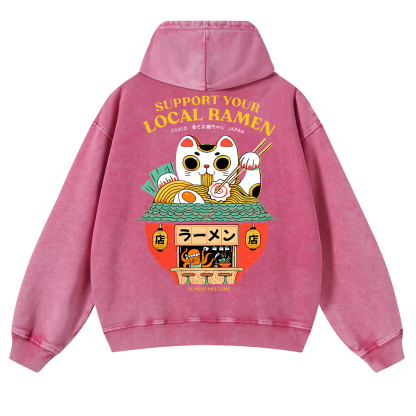 Ramen Lucky Cat Vintage Washed Cotton Back Art Hoodie