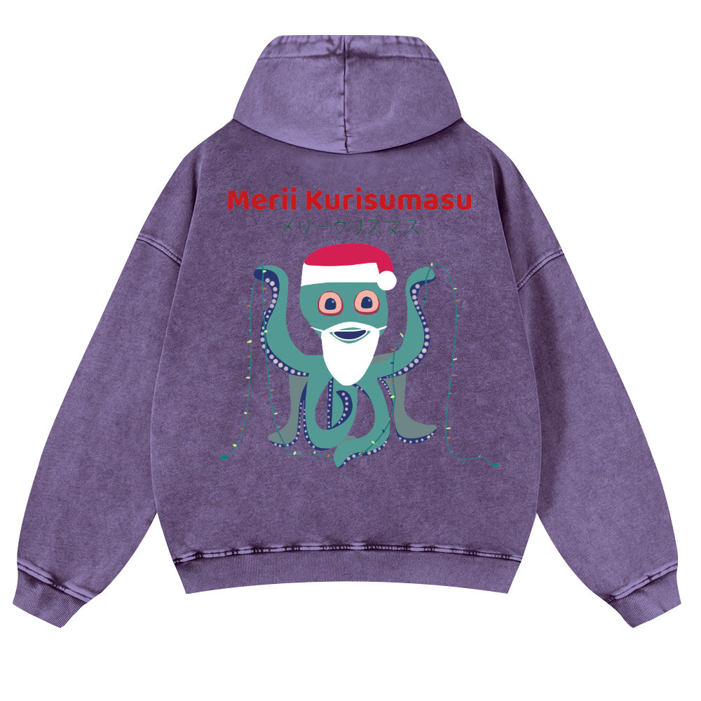 Christmas Octopus Vintage Washed Cotton Back Art Hoodie