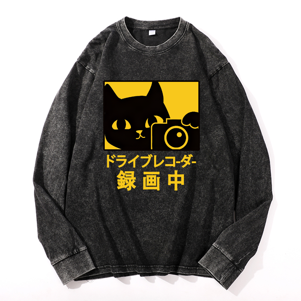 Cat Camera Vintage Cotton Wash Long-sleeve T-shirt