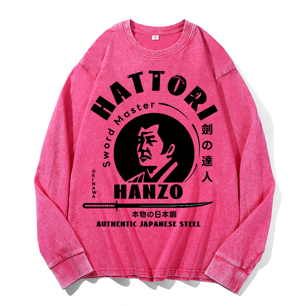 Okinawa Hattori Hanzo Vintage Cotton Wash Crewneck Long-Sleeve T-Shirt
