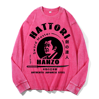 Okinawa Hattori Hanzo Vintage Cotton Wash Crewneck Long-Sleeve T-Shirt