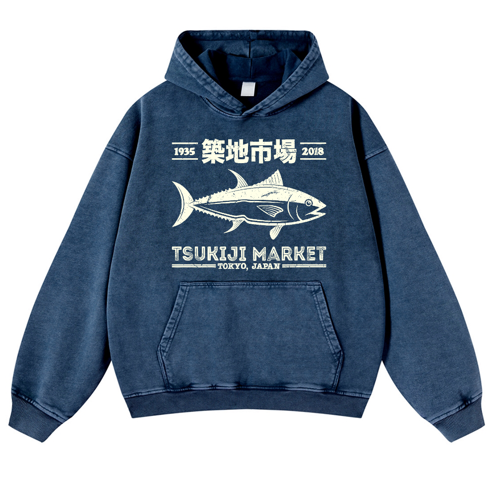 Tsukiji Market Tuna Fish Vintage Washed Thick Cotton Hoodie