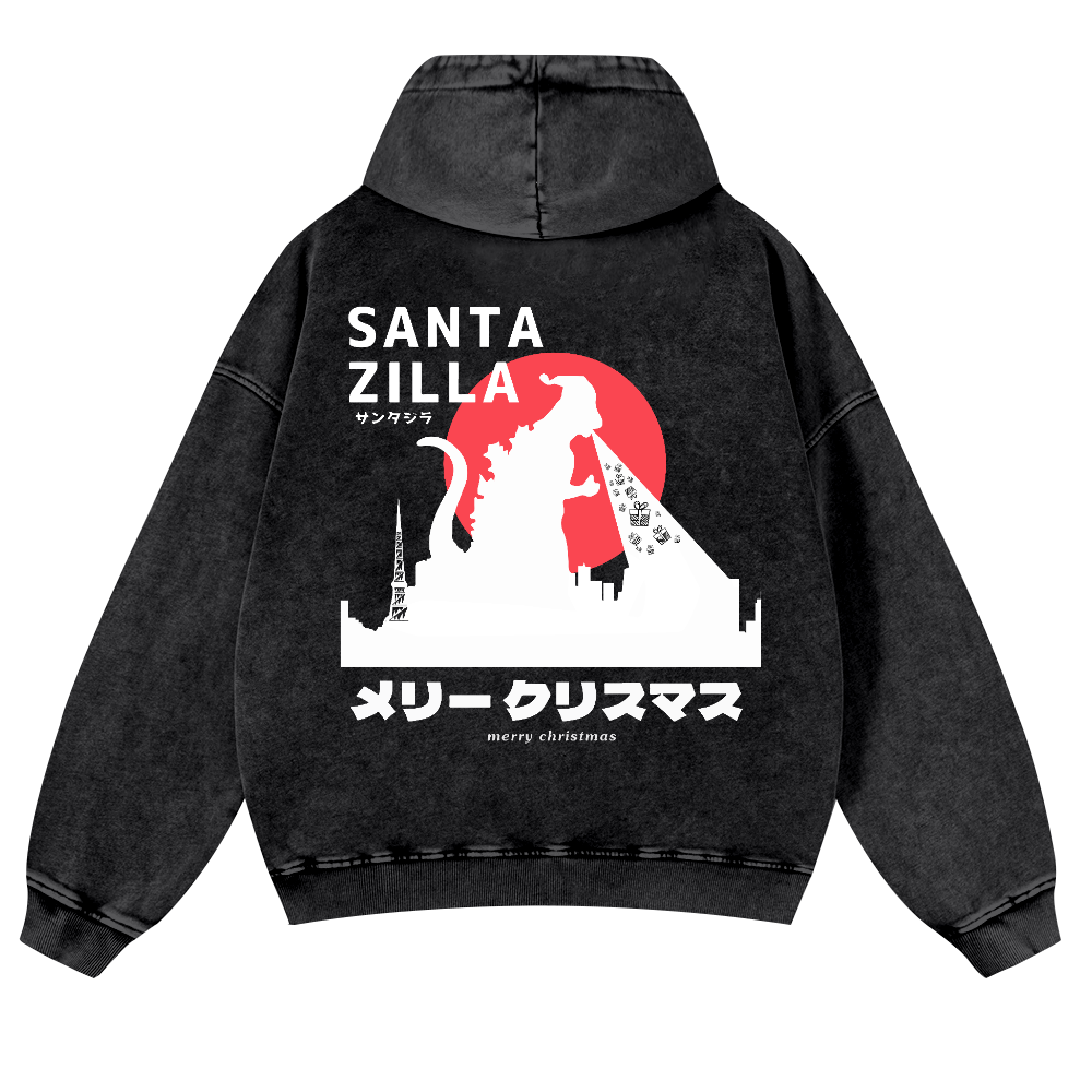Christmas Godzilla Vintage Washed Cotton Back Art Hoodie