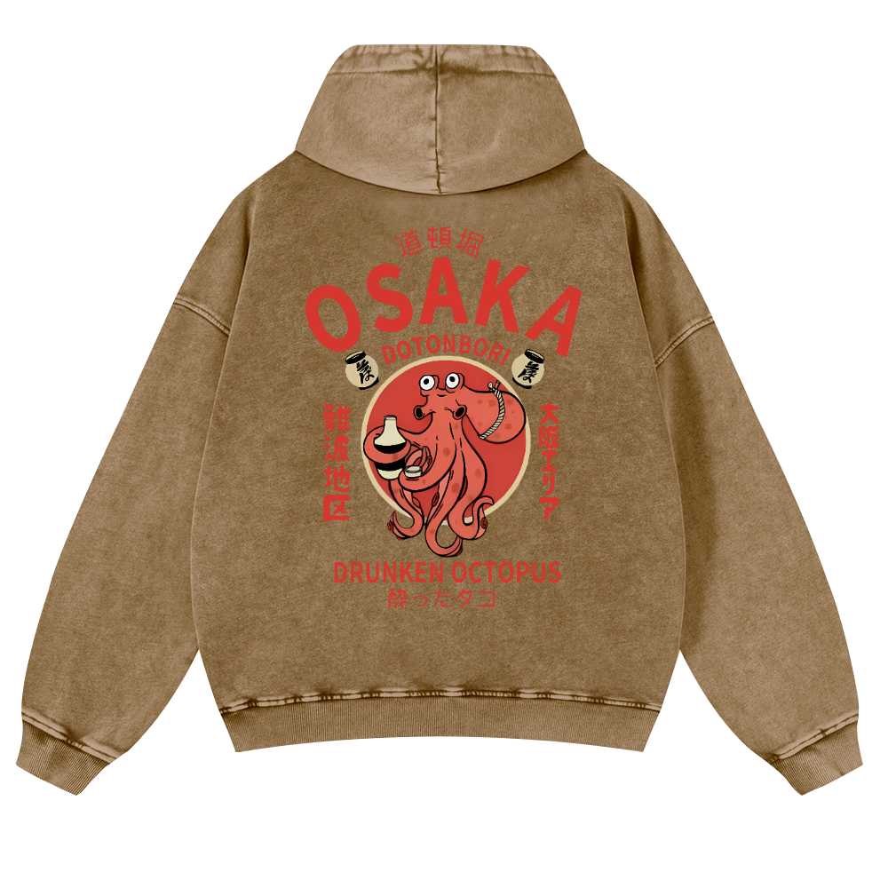 Osaka Dotonbori Drunken Octopus Vintage Washed Cotton Back Art Hoodie