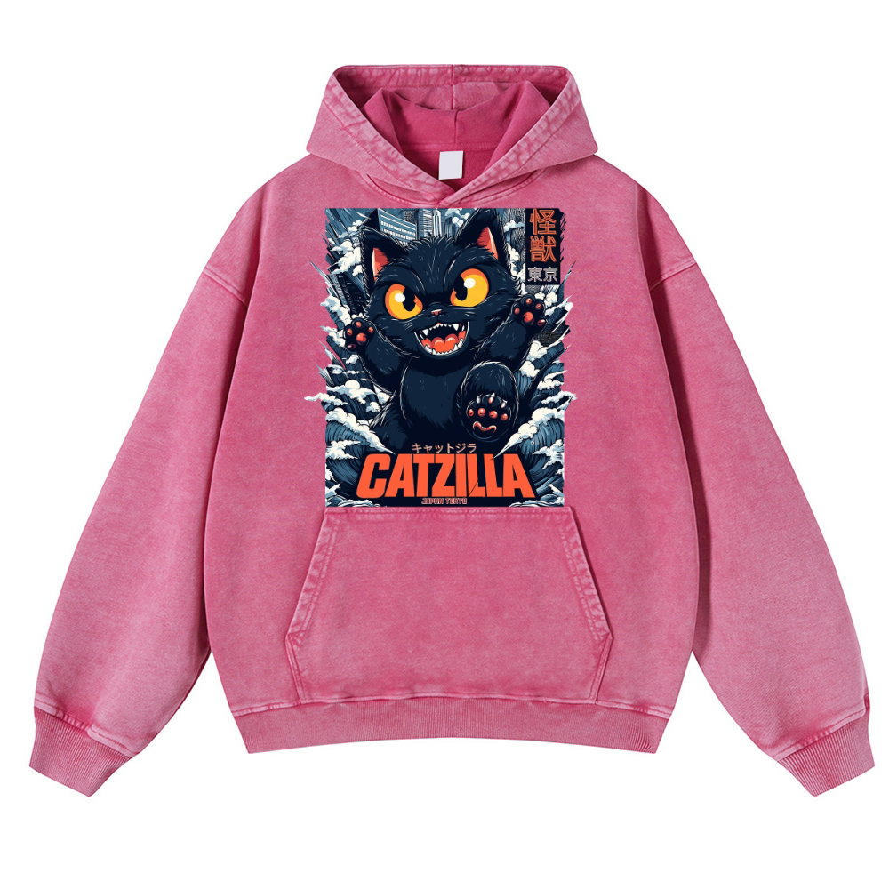 Catzilla Cat Godzilla Vintage Washed Thick Cotton Hoodie