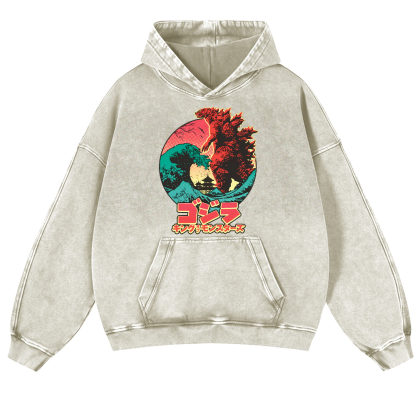 Godzilla Wave Vintage Washed Thick Cotton Hoodie