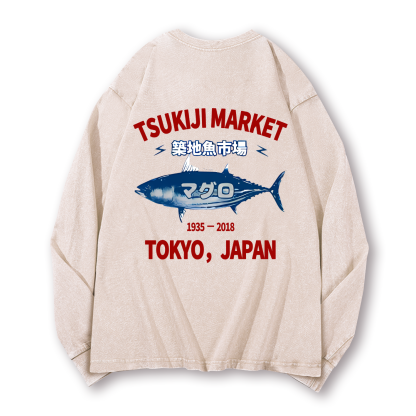 Tsukiji Market Tuna Fish Tokyo Japan Vintage Washed Cotton Back Art Long-sleeve T-shirt